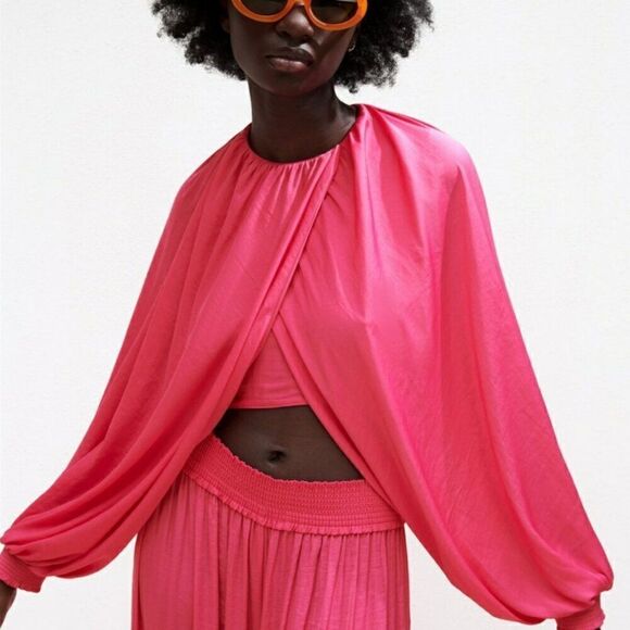 ZARA Bloggers Favorite Balloon Sleeve Crop Top Drapey Crossover Hot Pink Sz XL - Picture 3 of 16